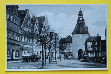 AK Weiden in der Oberpfalz / 1930-1940er Jahre / am unteren Tor / Geschäft / Fuhrwerk / Auto